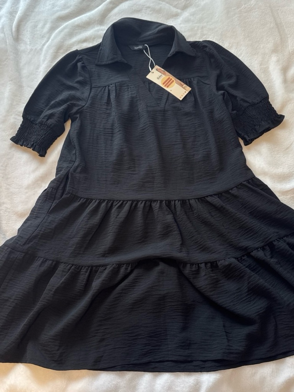 Women’s Black Tiered Collared Dress- Midi